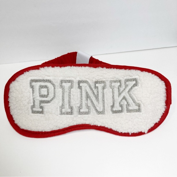 PINK  Victoria’s Secret  Sherpa White Red Logo Sleep Mask Metallic Lettering NEW - Picture 1 of 6